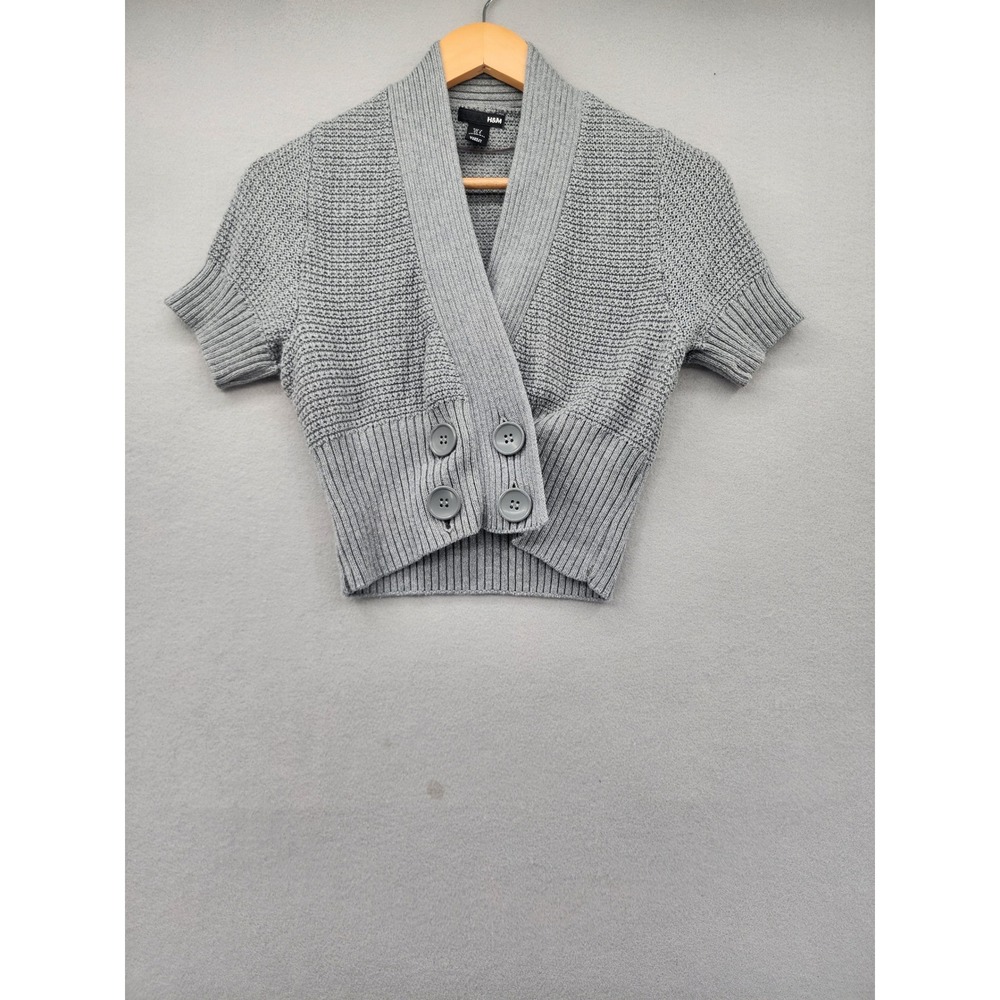 H&M Grey Cropped Cardigan Short Sleeve Shawl Collar Cotton Knit Sweater Womens S